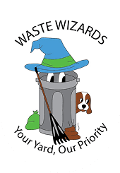 Trash can wizard logo with dog illustration.