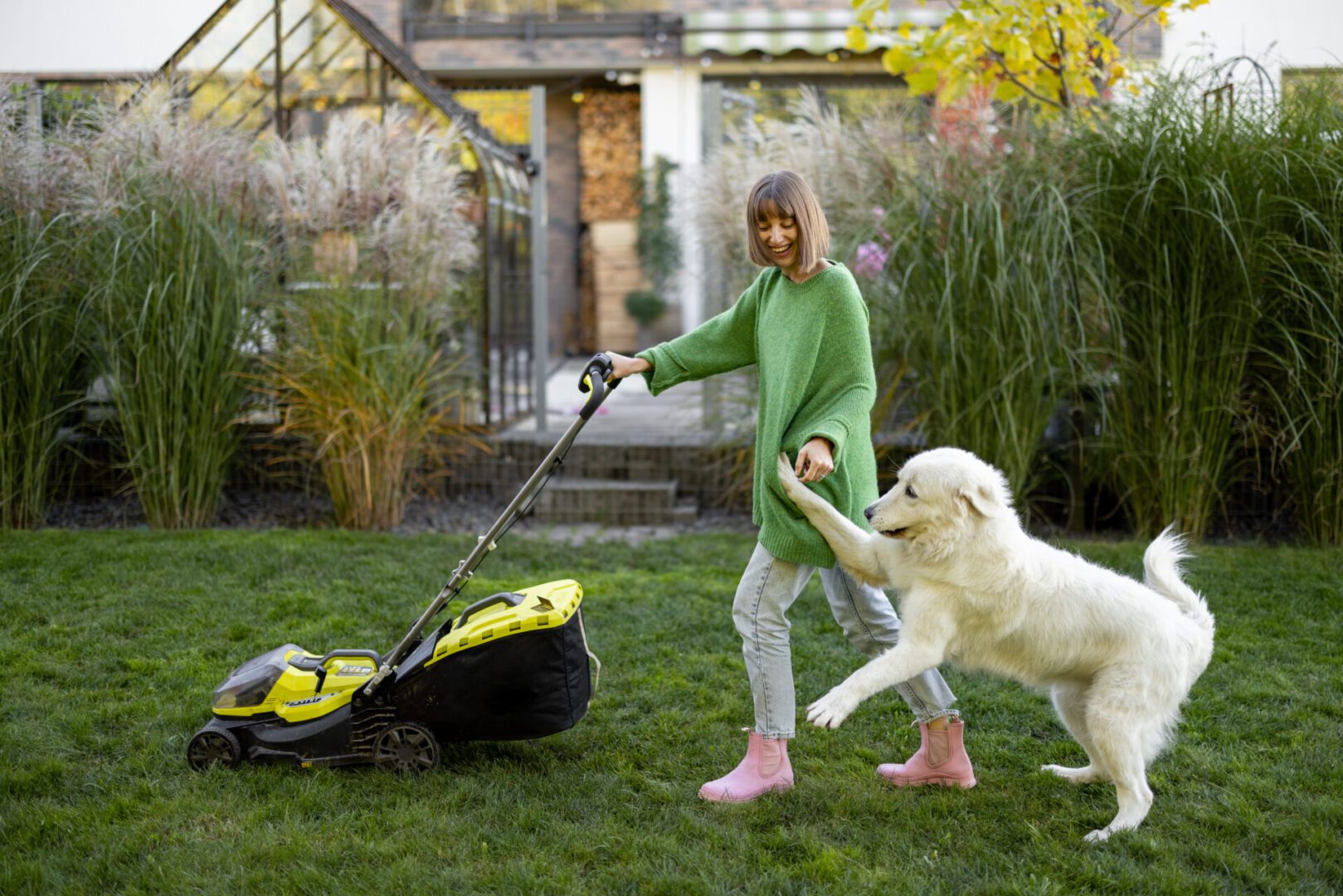 Woman mowing lawn with playful dog nearby.